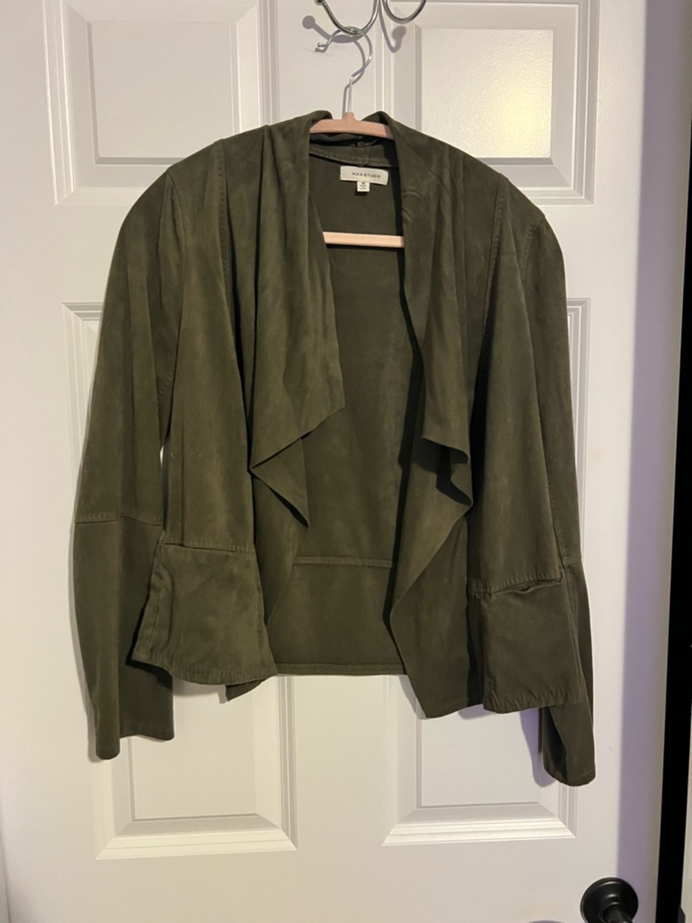 Max Studio Olive Green Draped Suede Leather Jacket